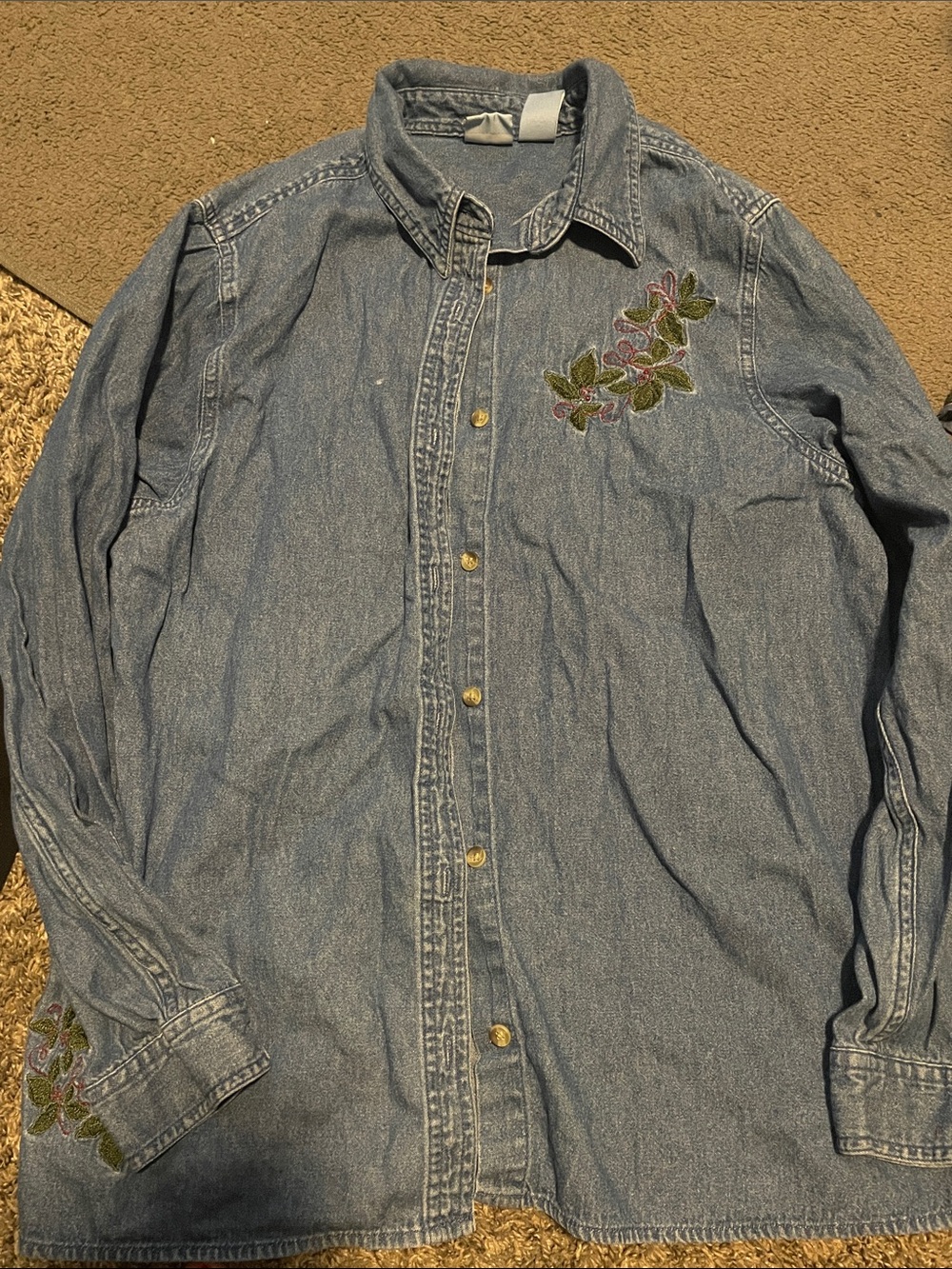 Holiday Editions Light Blue Denim Button-Down Shirt with Floral Embroidery